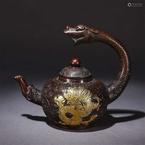 A Chinese Gild Dragon Pattern Copper Teapot