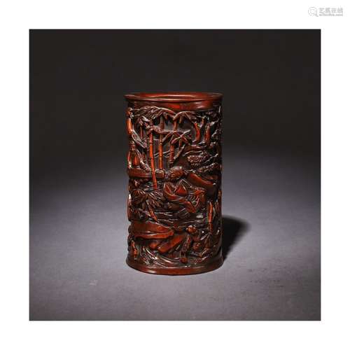 A Chinese Figures Carved Boxwood Brush Pot