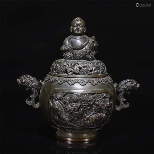 A Chinese Fish Ears Bronze Incense Burner