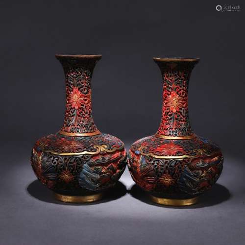 A Pair of Chinese Carved Red Lacquerware Colored Drawing Landscape Vase