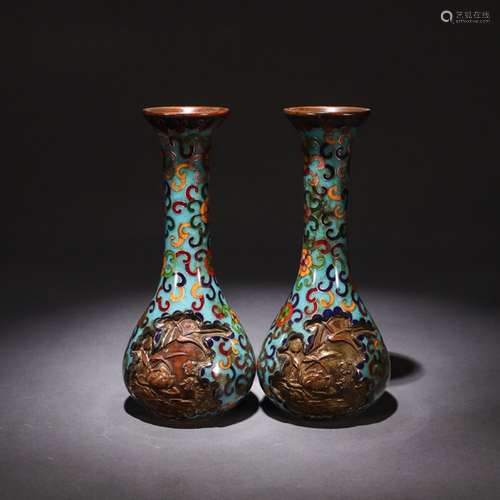 A Pair of Chinese Floral Carved Cloisonne Vase