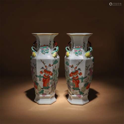 A Pair of Chinese Famille Rose Children Painted Porcelain Hexagon Vase