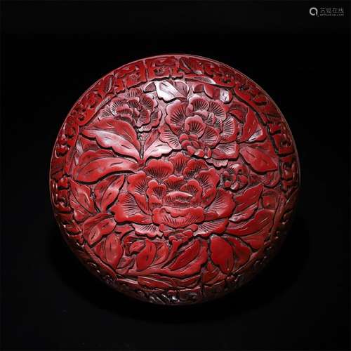 A Chinese Floral Carved Red Lacquerware Box with Cover