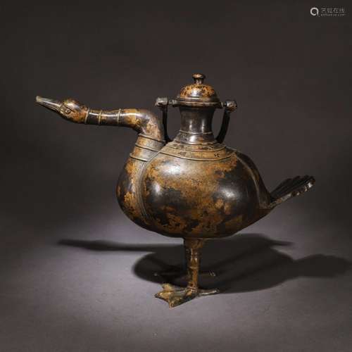 A Chinese Duck Shaped Copper Handled Pot