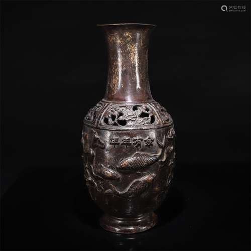 A Chinese Piercing Fish Pattern Bronze Flower Vase