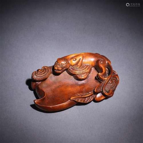 A Chinese Chi Dragon Pattern Carved Boxwood Inkstone