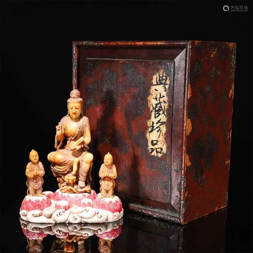 A Chinese Tianhuang Stone Carved Guanyin Bodhisattva and Boys Statue