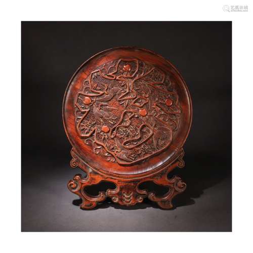 A Chinese Red Rosewood Carved Pine Tree and Crane Pattern Plate Ornament