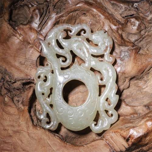 A Chinese Dragon&phoenix Pattern Carved Hetian Jade Pendant