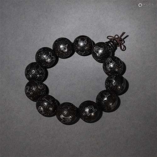 A Chinese Silver Inlaying Eaglewood  Beads Hand String