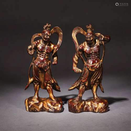 A Pair of Chinese cinnabar Painted Copper Statue of the 2 ferocious gigantic guardians