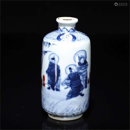 A Chinese Blue and White Underglazed Red Opera characters Painted Porcelain Snuff Bottle