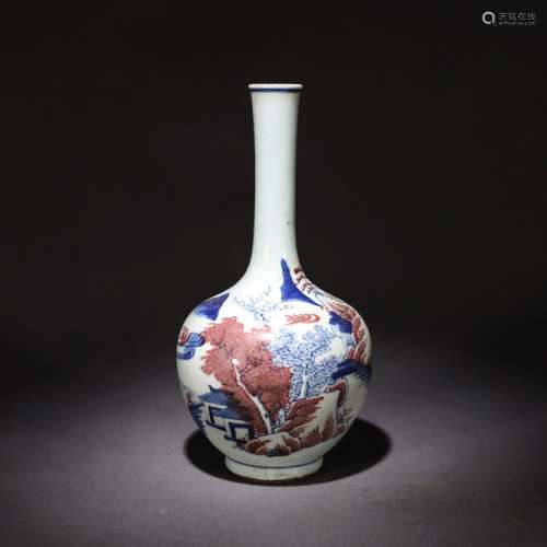 A Chinese Blue and White Underglazed Red Landscape Painted Porcelain Flask