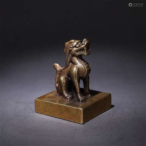 A Chinese Gild Bronze Square Seal with Beast Handle