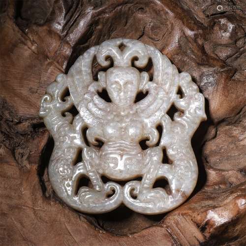 A Chinese Tiger and Figure Carved Hetian Jade Pendant