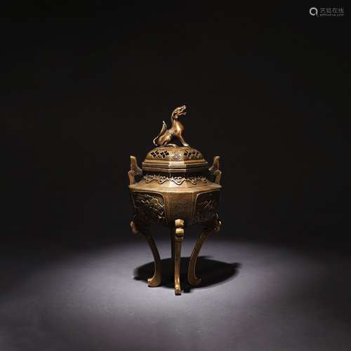 A Chinese Piercing Gild Bronze Four-legged Beast Incense Burner