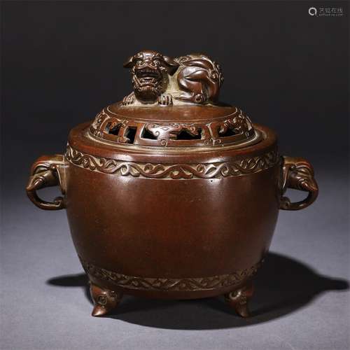 A Chinese Red Copper Piercing Lion Handle Incense Burner