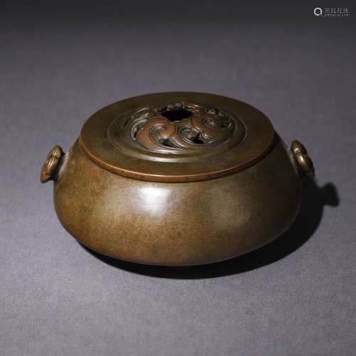 A Chinese Flower Ears Red Copper Piercing Round Incense Burner