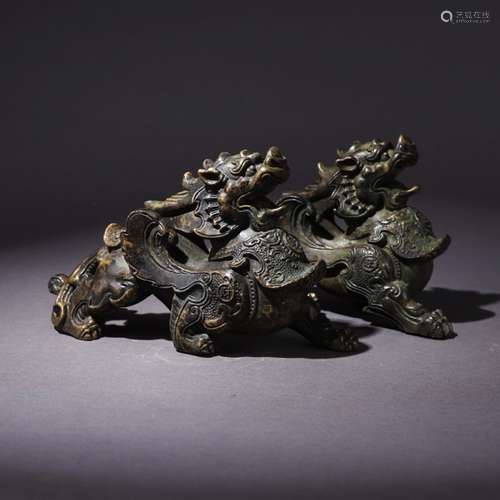 A Pair of Chinese Bronze Beast Ornaments