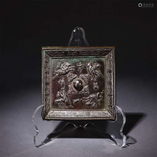 A Chinese Hunting Painting Carved Bronze Square Mirror