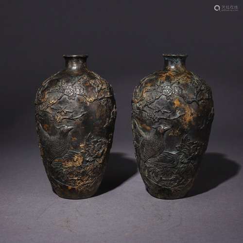 A Pair of Chinese Plum Blossom Pattern Bronze Vase