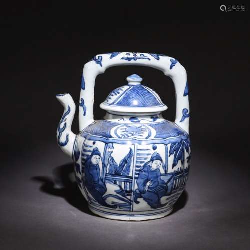 A Chinese Blue and White Floral Figure Painted Porcelain Handled Pot