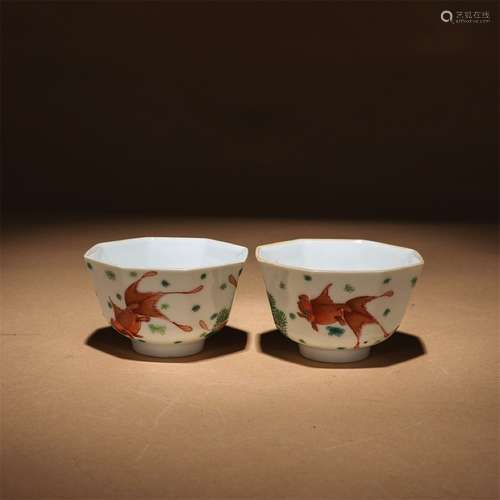 A Pair of Chinese Famille Rose Goldfish Painted Porcelain Cups