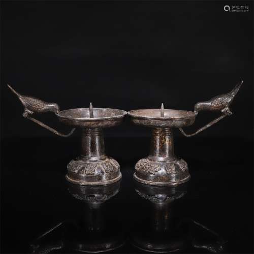 A Pair of Chinese Magpie Bronze Candlestick