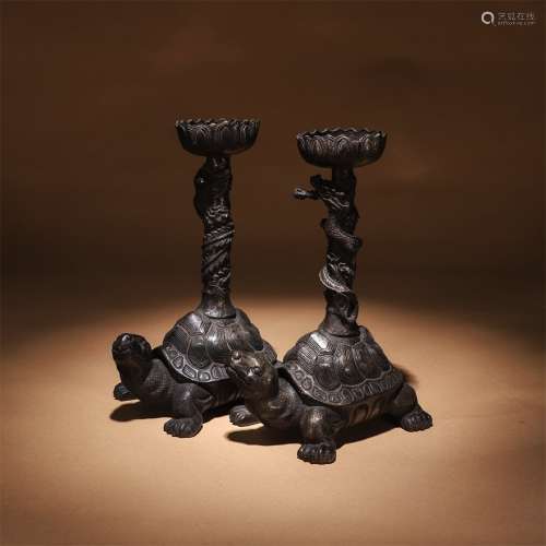 A Pair of Chinese Turtle Dragon Pattern Copper candlestick