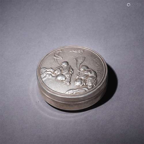 A Chinese Immortals Carved Gild Silver Rouge Box