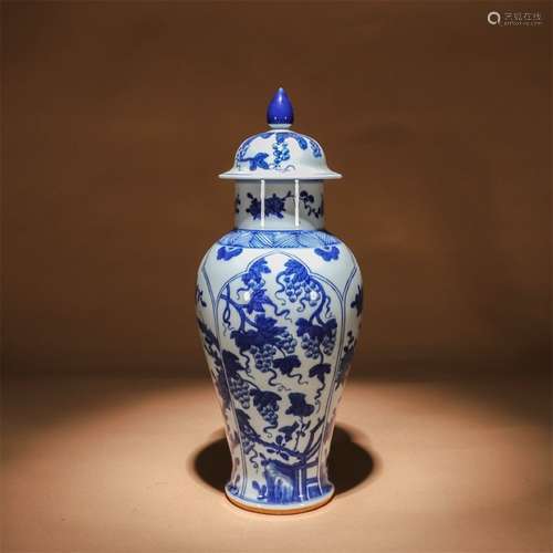 A Chinese Blue and White Grape Patttern Porcelain Jar