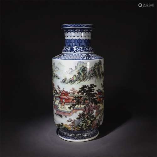 A Chinese Landscape Painted Blue and White Porcelain Vase