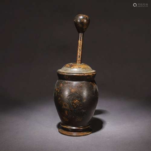 A Chinese Inscribed Bronze Pestle and mortar