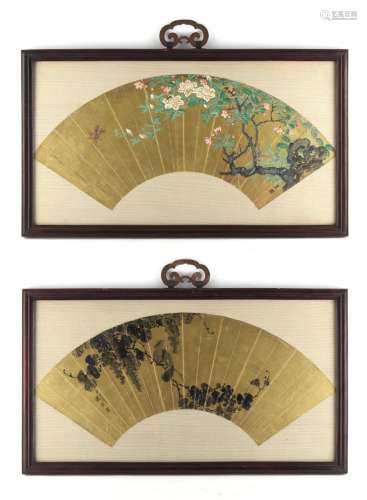 A pair of Chinese fan paintings on gilt ground paper, late 19th / early 20th century, one