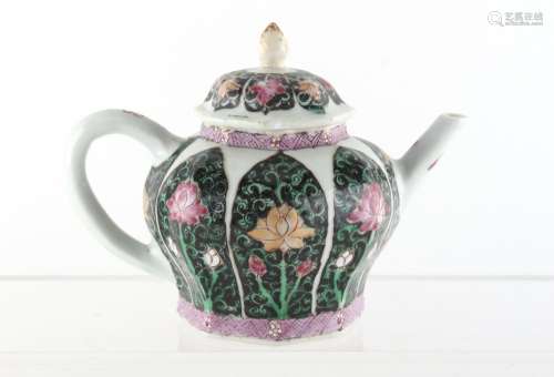 Property of a deceased estate - a Chinese famille rose & verte noire octagonal baluster teapot,