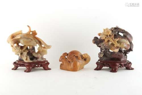 Property of a lady - a pair of Chinese carved soapstone models of phoenixes, each approximately 5.