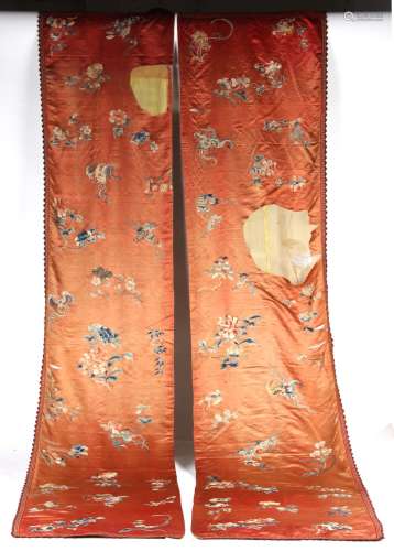 Property of a lady - two matching Chinese embroidered silk long panels, late 19th / early 20th