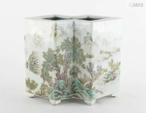 A Chinese porcelain double rhomboid vase, decorated with an extensive mountainous river landscape,