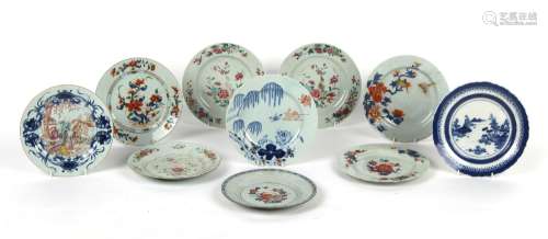 Property of a lady - ten Chinese porcelain circular plates, all 18th century, including famille rose