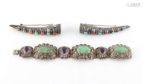 Property of a lady - a Chinese silver filigree carved jadeite & amethyst panel bracelet, boxed;