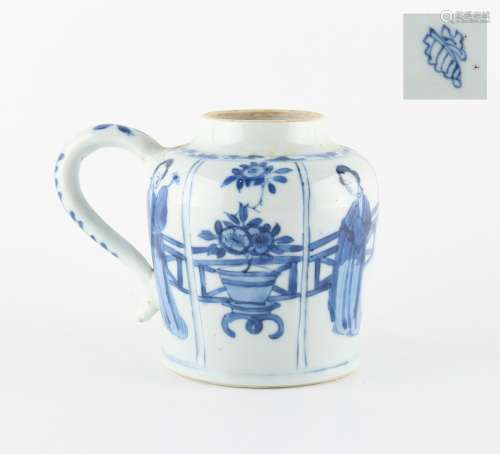An unusual Chinese blue & white jar with single handle, Kangxi period (1662-1722), painted with four