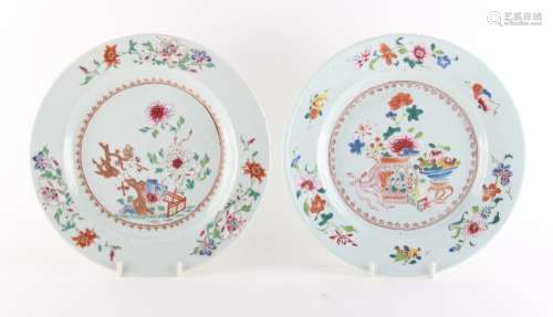 Two 18th century Chinese famille rose plates, 9ins. (23cms.) diameter (2).