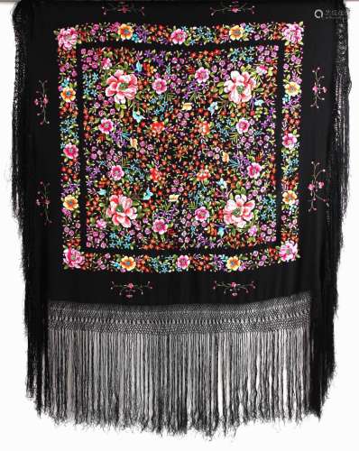 Property of a gentleman - a Chinese floral embroidered black silk shawl, late 19th / early 20th