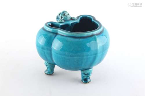 Property of a lady - a Chinese turquoise glazed tripod waterpot of ruyi head form, Kangxi period (
