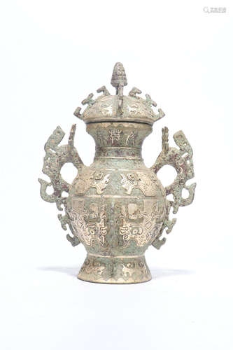 chinese gold-silver-inlaid taotie pattern round vessel