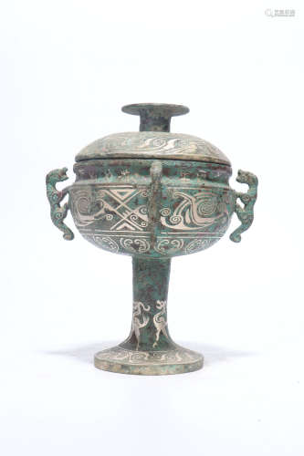 chinese gold-silver-inlaid taotie pattern altar vessel