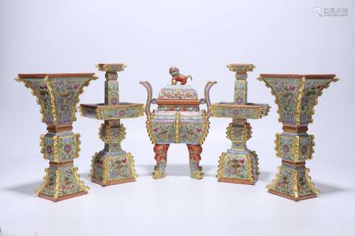 set of five chinese qing dynasty yellow enamel tribute vessel
