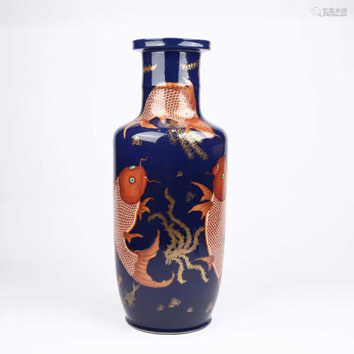 Blue glaze painted golden sea grass carp ornamented mallet bottle