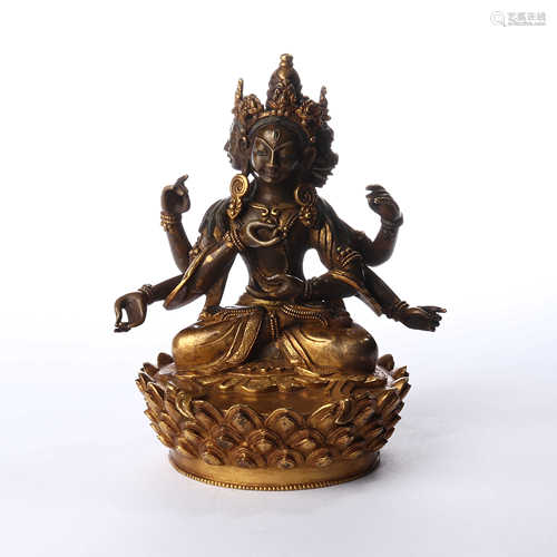 Bronze gilded six arm statue of Guanyin sitting lotus