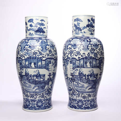 A pair of vase with blue and white figures